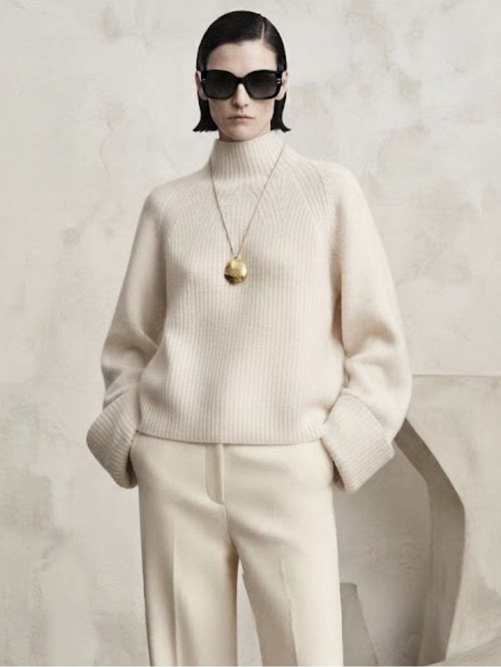 NWOT Vince mix stitch funnel neck white wool sweater